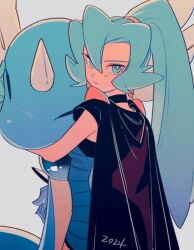 Rule 34 | 1girl, 2024, black cape, black choker, blue bodysuit, bodysuit, cape, choker, clair (pokemon), closed mouth, commentary request, creatures (company), dragonair, earrings, flipped hair, game freak, gen 1 pokemon, green eyes, green hair, grey background, hair between eyes, highres, holding, holding pokemon, jewelry, long hair, looking at viewer, nintendo, oharu-chan, pokemon, pokemon (creature), pokemon hgss, ponytail, smile