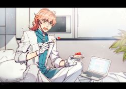 Rule 34 | 1boy, cake, computer, fate/grand order, fate (series), food, fork, gloves, hermithessa, highres, lab coat, laptop, letterboxed, long hair, on bed, orange hair, plate, ponytail, romani archaman, sitting, strawberry shortcake, surprised, white gloves