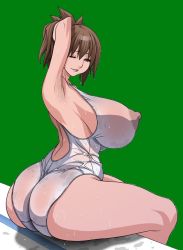 Rule 34 | 1girl, arm up, armpits, ass, breasts, brown hair, covered erect nipples, huge ass, huge breasts, koutarou, koutarou (girl power), looking at viewer, nipples, puffy nipples, sitting, solo, wet