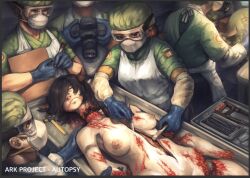 Rule 34 | 3girls, 4boys, autopsy, black hair, blood, border, breasts, brown hair, brown horns, camera, closed eyes, closed mouth, commentary, completely nude, corpse, cowboy shot, death, dissection, doctor, english commentary, goggles, grey border, guro, hacksaw, holding scalpel, horns, long hair, mask, medical, medical scrubs, medium breasts, mouth mask, multiple boys, multiple girls, nipples, nude, original, pointy ears, puchirisu, ruler, saw, scalpel, severed arm, severed head, severed leg, severed limb, short hair, surgical mask, tagme