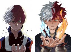 Rule 34 | 1boy, blue eyes, blue jacket, boku no hero academia, bright pupils, burn scar, cleaned, closed mouth, expressionless, eyebrows, fingernails, fire, floating hair, grey eyes, hair between eyes, heterochromia, highres, horikoshi kouhei, ice, jacket, looking at viewer, looking down, male focus, multicolored hair, official art, pale skin, red hair, scar, scar on face, short hair, solo, solo focus, stitched, textless version, third-party edit, todoroki shouto, track jacket, track suit, two-tone hair, white hair, white pupils
