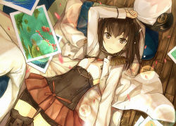 Rule 34 | 1girl, admiral (kancolle) (cosplay), admiral (kancolle), bike shorts, blush, brown eyes, brown hair, cosplay, cowboy shot, epaulettes, falling petals, faux traditional media, flat chest, from above, frown, futon, hat, headband, headgear, jacket, kantai collection, kazabana fuuka, lens flare, long sleeves, lying, map, military, military uniform, on back, on bed, open clothes, open jacket, petals, plank, pleated skirt, red skirt, short hair, skirt, solo, sparkle, taihou (kancolle), uniform, wooden floor