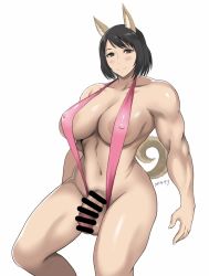 Rule 34 | 1futa, animal ears, areola slip, bare shoulders, black hair, blush, breasts, brown eyes, censored, covered erect nipples, cowboy shot, dog ears, dog tail, futanari, katou takeko, large breasts, looking at viewer, muscular, muscular female, navel, one-piece swimsuit, penis, pink one-piece swimsuit, pink slingshot swimsuit, shibusun, short hair, signature, simple background, slingshot swimsuit, smile, solo, strike witches zero, swimsuit, tail, testicles, white background, world witches series