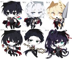 Rule 34 | 3boys, 3girls, animal ears, black coat, black gloves, black pants, blonde hair, blue eyes, cat ears, cat tail, chain, chibi, closed mouth, coat, coat on shoulders, dagger, dog ears, dog tail, don quixote (project moon), faust (project moon), gauntlets, gloves, guan dao, highres, holding, holding weapon, hong lu (project moon), knife, lance, lemonail, limbus company, long sleeves, meursault (project moon), multiple boys, multiple girls, necktie, ootachi, open mouth, pants, polearm, project moon, red necktie, ryoshu (project moon), shirt, short hair, simple background, smile, sword, tail, weapon, white background, white hair, white shirt, yellow eyes, yi sang (project moon), zweihander