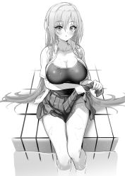 Rule 34 | 1girl, :o, absurdres, bare legs, blush, breasts, cleavage, clothes lift, collarbone, feet out of frame, greyscale, highres, idolmaster, idolmaster cinderella girls, knees, kurosaki chitose, large breasts, long hair, looking at viewer, monochrome, one-piece swimsuit, pizzasi, pleated skirt, pool, poolside, sitting, skirt, skirt hold, skirt lift, swimsuit, swimsuit under clothes, thighs, tile floor, tiles, very long hair, water, wringing clothes, wringing skirt