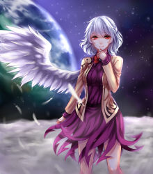 Rule 34 | 1girl, absurdres, angel wings, backlighting, bad id, bad pixiv id, bow, bowtie, braid, breasts, brown jacket, dress, earth (planet), feathers, french braid, hand up, highres, hip focus, jacket, kishin sagume, legs, long sleeves, looking at viewer, moon, planet, purple dress, red eyes, sheya, short dress, short hair, silver hair, single wing, smile, solo, space, standing, star (sky), star (symbol), thighs, touhou, wings