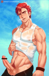 Rule 34 | 1boy, abs, arkapami, erection, highres, male focus, muscular, naughty face, original, outdoors, penis, red hair, sky, smile, solo, sweat, testicles, tongue, tongue out, undressing
