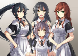 Rule 34 | 10s, 4girls, agano (kancolle), alternate costume, apron, black hair, braid, breasts, brown hair, cleavage, dress, enmaided, gloves, grey hair, hand on own chest, highres, kantai collection, large breasts, long hair, maid, maid apron, multiple girls, noshiro (kancolle), open mouth, plan (planhaplalan), ponytail, red eyes, sakawa (kancolle), short hair, smile, very long hair, waist apron, white gloves, yahagi (kancolle), yellow eyes