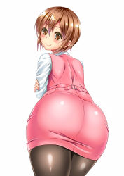 Rule 34 | 1boy, androgynous, ass, black pantyhose, brown eyes, brown hair, crossdressing, crossed arms, eburi a, from behind, girly boy, highres, huge ass, leaning forward, looking at viewer, looking back, male focus, office lady, original, pantyhose, pencil skirt, simple background, skirt, skirt set, smile, solo, trap, vest, white background