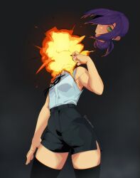 Rule 34 | 1girl, bare shoulders, black background, black thighhighs, chainsaw man, collared shirt, decapitation, disembodied head, explosion, green eyes, grenade pin, hair bun, highres, looking at viewer, purple hair, reze (chainsaw man), scribbora, severed head, shirt, shorts, side slit, side slit shorts, single hair bun, sleeveless, sleeveless shirt, spoilers, thighhighs