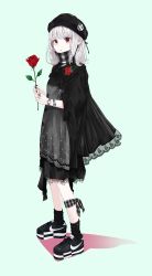 Rule 34 | 1girl, :o, absurdres, beret, black dress, black legwear, blue background, bracelet, buttons, coat, collar, comme des garcons, commentary, dress, ear piercing, earrings, flower, fringe trim, from side, full body, hat, highres, holding, holding flower, jewelry, looking at viewer, nail polish, nike (company), nike cortez, open mouth, original, osabe tom, piercing, red eyes, red flower, ring, rose, shadow, shoelaces, shoes, simple background, sneakers, solo, standing, watch, white hair