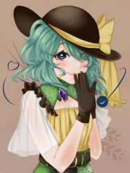 Rule 34 | 1girl, adapted costume, black gloves, blush, brown background, closed mouth, embellished costume, eyes visible through hair, gloves, green hair, hair over one eye, hands up, hat, heart, highres, komeiji koishi, looking at viewer, own hands together, ribbon, samaru (cjcf2875), shirt, short hair, simple background, smile, solo, third eye, touhou, upper body, yellow shirt, ||/