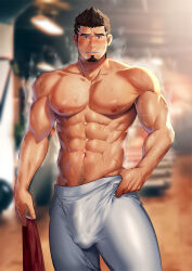 Rule 34 | 1boy, abs, bara, black hair, blush, bulge, commission, erection, erection under clothes, facial hair, goatee, highres, holding, holding phone, kashi kosugi, large pectorals, male focus, mature male, muscular, muscular male, navel, nipples, pants, pectorals, phone, sergei strelka, short hair, solo, tales of (series), tales of zestiria, topless male, white pants