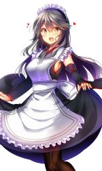 Rule 34 | 1girl, apron, armpit cutout, black dress, black pantyhose, blush, clothes lift, clothing cutout, commentary request, detached sleeves, dress, dress lift, grey hair, hair between eyes, hair ornament, hairclip, haruna (kancolle), heart, highres, kantai collection, long hair, maid, maid apron, maid headdress, open mouth, pantyhose, simple background, smile, solo, tsukui kachou, white background, white headwear