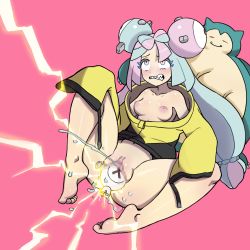 Rule 34 | 1girl, absurdres, bare legs, bare shoulders, barefoot, blue hair, bottomless, breasts, clenched teeth, collarbone, creatures (company), electrocution, feet, female ejaculation, fucked silly, full body, functionally nude, game freak, gen 1 pokemon, hair ornament, highres, iono (pokemon), jacket, long hair, long sleeves, looking up, magnemite, medium breasts, multicolored hair, naked jacket, nintendo, nipples, object insertion, off shoulder, pink background, pink hair, pokemon, pokemon (creature), pokemon sv, pokephilia, pokpa, purple eyes, pussy, pussy juice, sharp teeth, simple background, sitting, sleeves past wrists, snorlax, soles, spread legs, stuffed toy, teeth, toes, twintails, two-tone hair, vaginal, vaginal object insertion, yellow jacket