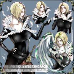 Rule 34 | 1girl, absurdres, benedikta harman, blonde hair, breasts, cleavage, english text, feather collar, feathered wings, feathers, final fantasy, final fantasy xvi, fingerless gloves, fur collar, fur trim, gloves, green feathers, hand on own chest, hand on own hip, highres, large breasts, leather, leather pants, leather vest, looking at viewer, low neckline, pants, sheath, sheathed, short hair, simple background, solo, standing, sword, talons, teeth, upper body, user whtv3335, weapon, white feathers, wings, yellow eyes