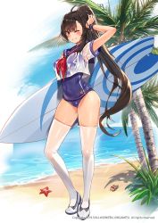 Rule 34 | 1girl, ahoge, alternate costume, beach, blue one-piece swimsuit, blush, breasts, brown hair, cleavage, collarbone, covered navel, day, grin, hair between eyes, hand on own head, holding, holding surfboard, iris yuma, leaning forward, long hair, looking at viewer, medium breasts, neckerchief, old school swimsuit, one-piece swimsuit, outdoors, palm tree, ponytail, rainmaker, red eyes, red neckerchief, sailor collar, school swimsuit, school uniform, see-through, serafuku, shoes, sidelocks, skindentation, smile, solo, soulworker, standing, starfish, sunlight, surfboard, swimsuit, swimsuit under clothes, thighhighs, tree, very long hair, watermark, wet, wet clothes, white footwear, white thighhighs, wristband