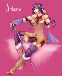 Rule 34 | 1girl, arm support, athena (fire emblem), bare shoulders, bike shorts, blue hair, character name, fire emblem, fire emblem: new mystery of the emblem, fire emblem: shadow dragon, gradient background, highres, long hair, looking at viewer, nintendo, open mouth, purple eyes, shoes, sitting, solo, sword, toes, turtleneck, twintails, weapon