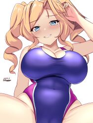 Rule 34 | 1girl, blonde hair, blue eyes, blush, breasts, competition swimsuit, covered navel, dated, drill hair, highres, honolulu (kancolle), kantai collection, large breasts, long hair, looking at viewer, montemasa, one-hour drawing challenge, one-piece swimsuit, pink one-piece swimsuit, purple one-piece swimsuit, simple background, sitting, smile, solo, spread legs, swimsuit, twin drills, twintails, twitter username, two-tone swimsuit, white background