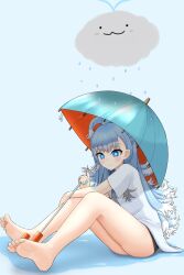 Rule 34 | 1girl, bare legs, barefoot, blue eyes, blue hair, blue nails, cloud, feet, highres, holding, holding umbrella, hololive, hololive indonesia, kobo kanaeru, light blue hair, long hair, multicolored hair, nail polish, simple background, sitting, soles, solo, tamagotozi3420, toes, two-tone hair, umbrella, virtual youtuber, white hair