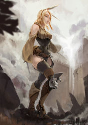 Rule 34 | 1girl, amputee, animal ears, black thighhighs, blonde hair, blue eyes, boots, breasts, covered navel, dagger, detached sleeves, dual wielding, fake animal ears, fantasy, full body, garter straps, highres, holding, knife, leotard, lips, lipstick, long hair, makeup, medium breasts, nose, original, prosthesis, prosthetic leg, rabbit ears, sidelocks, skindentation, smile, solo, sosiick, thighhighs, weapon