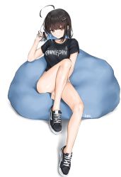 Rule 34 | 1girl, ahoge, bare legs, black choker, black footwear, black hair, black nails, black shirt, blue hair, borrowed character, breasts, chaesu, choker, clothes writing, colored inner hair, commentary, grey eyes, grin, hand up, highres, horns, irene (kanniiepan), knee up, large breasts, looking at viewer, mole, mole under eye, multicolored hair, nail polish, original, panties, shirt, shoes, short sleeves, simple background, sitting, smile, sneakers, solo, thighs, underwear, white background, white panties