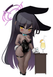 Rule 34 | 1girl, animal ears, b-pang, black footwear, black hair, black leotard, blue archive, blue bow, blue bowtie, bow, bowtie, chibi, cocktail glass, cup, curvy, dark-skinned female, dark skin, detached collar, drinking glass, fake animal ears, gradient hair, halo, high heels, highleg, highleg leotard, highres, karin (blue archive), karin (bunny) (blue archive), leotard, long hair, multicolored hair, pantyhose, playboy bunny, purple halo, rabbit ears, rabbit tail, shiny clothes, shiny skin, solo, strapless, strapless leotard, table, tail, thigh strap, very long hair, wide hips, wrist cuffs, yellow eyes