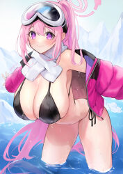 Rule 34 | 1girl, absurdres, bare shoulders, bikini, blue archive, blush, breasts, cleavage, eimi (blue archive), eimi (swimsuit) (blue archive), goggles, goggles on head, halo, highres, ito uuu, jacket, large breasts, long hair, long sleeves, looking at viewer, navel, official alternate costume, pink jacket, scarf, sideboob, ski goggles, smile, solo, swimsuit, thighs, white scarf