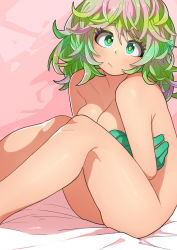 Rule 34 | 1girl, :/, boku no hero academia, colored eyelashes, covering privates, covering breasts, gloves, green eyes, green gloves, green hair, hagakure tooru, highres, kellila93, knees to chest, looking at viewer, medium hair, multicolored hair, nude, pink background, pink hair, sitting, solo, thighs, unusually visible