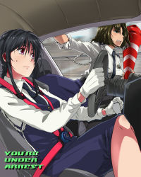 Rule 34 | 2girls, :o, aiguillette, angry, arm support, belt, bent over, black hair, braid, breasts, brown hair, buttons, car, car interior, collared shirt, copyright name, dress shirt, driving, fang, from side, gloves, green eyes, half-closed eyes, holding, kobayakawa miyuki, long hair, looking at another, looking to the side, maabou, motion blur, motor vehicle, multiple girls, necktie, open mouth, pencil skirt, police, police uniform, policewoman, profile, purple eyes, red eyes, right-hand drive, seatbelt, shirt, short hair, sidelocks, single braid, sitting, skirt, sleeves rolled up, steering wheel, sweatdrop, taiho shichauzo, traffic cone, tsujimoto natsumi, uniform, vehicle, vest, white gloves, white shirt