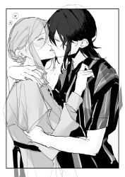 Rule 34 | 2girls, absurdres, blush, braid, collared shirt, commentary request, earrings, french braid, french kiss, greyscale, half-closed eyes, hand on another&#039;s arm, hand on another&#039;s chest, hand on another&#039;s shoulder, heart, highres, ito shiori, jewelry, kiss, long hair, long sleeves, monochrome, multiple girls, original, sara turner, shirt, shisa co, short sleeves, spoken heart, striped clothes, striped shirt, stud earrings, sweat, upper body, yuri