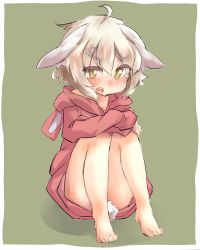 Rule 34 | 1girl, ahoge, animal ears, animal hood, barefoot, blonde hair, blush, ears down, eyebrows, full body, green background, hair ornament, hairclip, hood, hoodie, knees to chest, looking at viewer, open mouth, rabbit ears, rabbit hood, rabbit tail, short hair, simple background, sitting, solo, tail, tearing up, tomcat (moconeko), yellow eyes