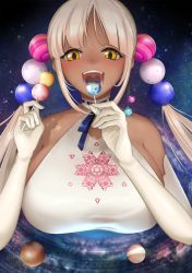 Rule 34 | 1girl, absurdres, bare shoulders, blush, breasts, brown eyes, dark-skinned female, dark skin, giant, giantess, gloves, highres, hololive, hololive english, huge breasts, long hair, nelly (altsarespicy), open mouth, planet, saliva, solo, space, star (sky), teeth, tongue, tongue out, tsukumo sana, twintails, upper body, uvula, virtual youtuber, vore, white hair