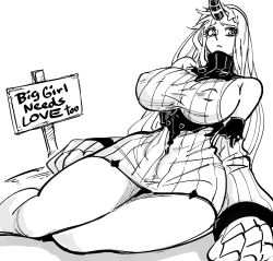 Rule 34 | 1girl, bad id, bb (baalbuddy), english text, female focus, giant, giantess, greyscale, highres, inactive account, kantai collection, monochrome, sad, seaport princess, simple background, sitting, solo, thighs, white background
