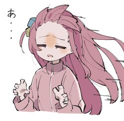 Rule 34 | 1girl, artist request, bocchi the rock!, closed eyes, female focus, gotoh hitori, hair ornament, hands up, japanese text, long hair, pink track suit, simple background, solo focus, translation request, white background