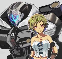 Rule 34 | 1girl, asymmetrical hair, bare shoulders, blonde hair, breasts, cleavage, collarbone, commentary, helvi oberg, jewelry, kimidori yarou, knight&#039;s &amp; magic, large breasts, looking at viewer, mecha, midriff, navel, necklace, red eyes, robot, smile, solo, tan, upper body