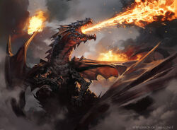 Rule 34 | animal focus, breath weapon, breathing fire, claws, cloud, commentary, company name, dragon, drakuseth maw of flames, english commentary, fantasy, fins, fire, from side, greg rutkowski, grey sky, head fins, magic: the gathering, monster, no humans, official art, open mouth, outdoors, painterly, sky, smoke, solo, spikes, western dragon, wings, yellow eyes