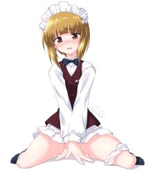 Rule 34 | 1girl, arm support, bartender, black bow, black bowtie, blonde hair, blue socks, blunt bangs, blush, bow, bowtie, brown vest, commentary, covering privates, covering crotch, cutlass (girls und panzer), dated, dress shirt, frown, full body, girls und panzer, handkerchief, highres, kuzuryuu kennosuke, legs, long sleeves, looking at viewer, miniskirt, one-hour drawing challenge, open mouth, panties, panties around leg, pleated skirt, saliva, school uniform, shadow, shirt, short hair, simple background, sitting, skirt, socks, solo, twitter username, underwear, v arms, vest, wariza, white background, white shirt, white skirt, wing collar, yellow eyes