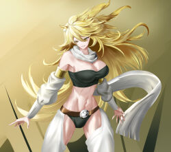 Rule 34 | 1girl, absurdres, akame ga kill!, animal ears, black panties, blonde hair, breasts, chaps, cleavage, commentary request, cowboy shot, detached sleeves, highres, large breasts, leone (akame ga kill!), lion ears, long hair, long sleeves, midriff, mushuang goner, navel, panties, scarf, solo, standing, stomach, strapless, thighs, tube top, underwear, very long hair, white scarf, yellow background, yellow eyes