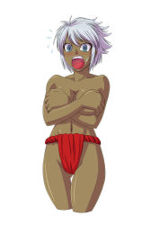 Rule 34 | 1girl, blue eyes, blush, breasts, cleo brand, collarbone, covering privates, covering breasts, crossed arms, dark-skinned female, dark skin, embarrassed, female focus, freezing (series), fundoshi, groin, highres, japanese clothes, large breasts, looking at viewer, navel, open mouth, short hair, silver hair, simple background, solo, standing, sweatdrop, teeth, tongue, topless, upper teeth only, white background
