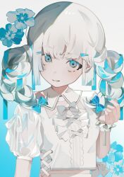 Rule 34 | 1girl, absurdres, blue bow, blue flower, blue hair, blue nails, bow, braid, center frills, flower, frilled shirt, frills, grey eyes, grey hair, hair bow, hair ornament, hairclip, head tilt, highres, looking at viewer, midriff peek, multicolored hair, nail polish, original, puffy short sleeves, puffy sleeves, shadow, shirt, shirt overhang, short sleeves, simple background, solo, sparkle, toasu, twin braids, two-tone hair, unusually open eyes, upper body, white background, white shirt