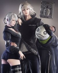 Rule 34 | 1girl, 1other, 2boys, absurdres, arm around shoulder, arm around waist, ass, beret, braid, emil (nier), grey background, grimoire weiss, hat, highres, kaine (nier), looking at viewer, multiple boys, nier, nier (series), nier (brother), nier reincarnation, official alternate costume, ria-neearts, short shorts, shorts, silver hair, standing