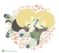 Rule 34 | 2girls, artist name, bad id, bad pixiv id, blonde hair, blue eyes, bottomless, brown hair, chameleon man (three), chibi, closed eyes, dog tail, erica hartmann, flat color, flower, flying, glasses, long sleeves, military, military uniform, multicolored hair, multiple girls, no lineart, one eye closed, outline, short hair, siblings, simple background, sisters, strike witches, strike witches: suomus misfits squadron, striker unit, tail, twins, two-tone hair, uniform, ursula hartmann, white background, world witches series