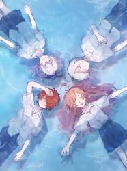 Rule 34 | 2boys, 2girls, ahoge, black skirt, circle formation, closed eyes, commentary, flower (vocaloid), flower (vocaloid3), flower (vocaloid4), from above, fukase, half-closed eyes, hand on own head, hand on own stomach, highres, long hair, lying, lying on water, medium hair, mi no take, miniskirt, multicolored hair, multiple boys, multiple girls, on back, open mouth, outstretched arms, parted lips, partially submerged, pink hair, pleated skirt, purple hair, red hair, school uniform, sf-a2 miki, shadow, shirt, short sleeves, skirt, smile, streaked hair, symbol-only commentary, twitter username, utatane piko, very long hair, vocaloid, water, white hair, white shirt