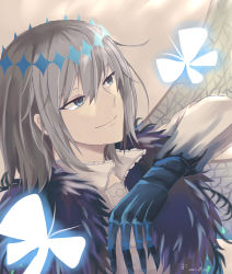Rule 34 | 1boy, absurdres, animal, blue eyes, bug, butterfly, closed mouth, crown, dated, fate/grand order, fate (series), fur trim, glowing, glowing butterfly, grey hair, hair between eyes, highres, insect, insect wings, looking at animal, male focus, oberon (fate), oberon (third ascension) (fate), signature, slit pupils, smile, spoilers, u0002525, wings