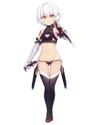 Rule 34 | 1girl, arm belt, bandaged arm, bandages, belt buckle, black gloves, black panties, black thighhighs, boots, breasts, buckle, closed mouth, crop top, dagger, fate/grand order, fate (series), fingerless gloves, gloves, gluteal fold, green eyes, highres, holding, holding dagger, holding knife, holding weapon, holster, jack the ripper (fate/apocrypha), knife, looking at viewer, mku, navel, no pants, panties, short hair, shoulder tattoo, simple background, single glove, small breasts, solo, standing, stomach, tattoo, thigh boots, thigh holster, thighhighs, tongue, underwear, weapon, white background, white hair