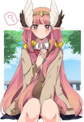 Rule 34 | 1girl, ?, alternate costume, blush, circe (fate), commentary request, day, fate/grand order, fate (series), green eyes, headdress, highres, juice box, long hair, long sleeves, looking at viewer, multicolored eyes, pink eyes, pink hair, pointy ears, sitting, solo, spoken question mark, tiranaihana, twitter username, very long hair