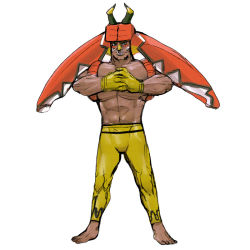 Rule 34 | 1boy, abs, barefoot, byte (grunty-hag1), closed mouth, commentary request, creatures (company), facepaint, full body, game freak, gen 7 pokemon, gloves, hands up, hat, horns, legendary pokemon, legs apart, male focus, muscular, muscular male, navel, nintendo, nose piercing, nose ring, orange hat, own hands together, pants, personification, piercing, pokemon, simple background, sketch, smile, solo, standing, tapu bulu, toes, topless male, white background, yellow gloves, yellow pants
