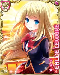 Rule 34 | 1girl, arms behind back, blonde hair, blue eyes, blue jacket, bow, card, character name, chloe lemaire, closed mouth, day, girlfriend (kari), jacket, long hair, official art, outdoors, plaid, plaid skirt, qp:flapper, red bow, red neckwear, red skirt, school uniform, shirt, skirt, smile, solo, sunset, tagme, white shirt