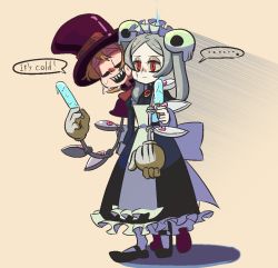 Rule 34 | ..., 2girls, apron, behind another, bloody marie (skullgirls), brooch, cyborg, dress, closed eyes, food, frilled apron, frilled dress, frills, full body, gloves, grey hair, hair ornament, hat, holding, jewelry, kuroirozuki, maid headdress, mary janes, multiple girls, open mouth, orange hair, peacock (skullgirls), popsicle, red eyes, sharp teeth, shoes, short hair, skull hair ornament, skullgirls, smile, standing, sweat, teeth, top hat, twintails, yellow background